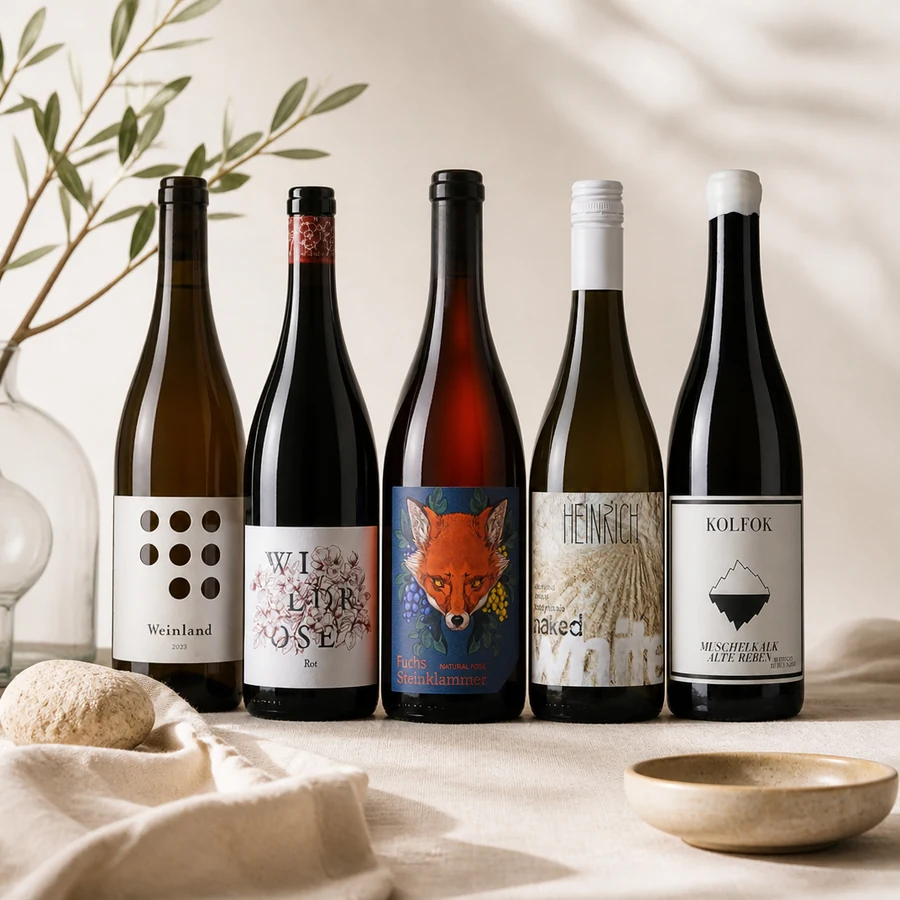 Fünf österreichische Naturweine als Beispiel für die wechselnde Auswahl