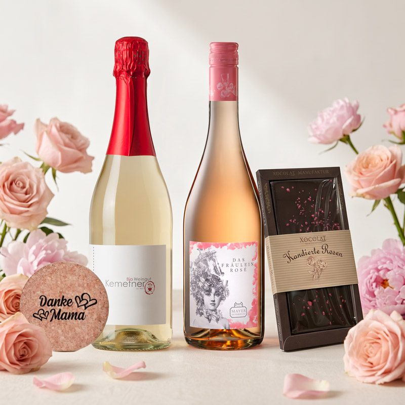 Featured image for “Muttertag Wein-Geschenkbox mit Rosen-Schokolade”